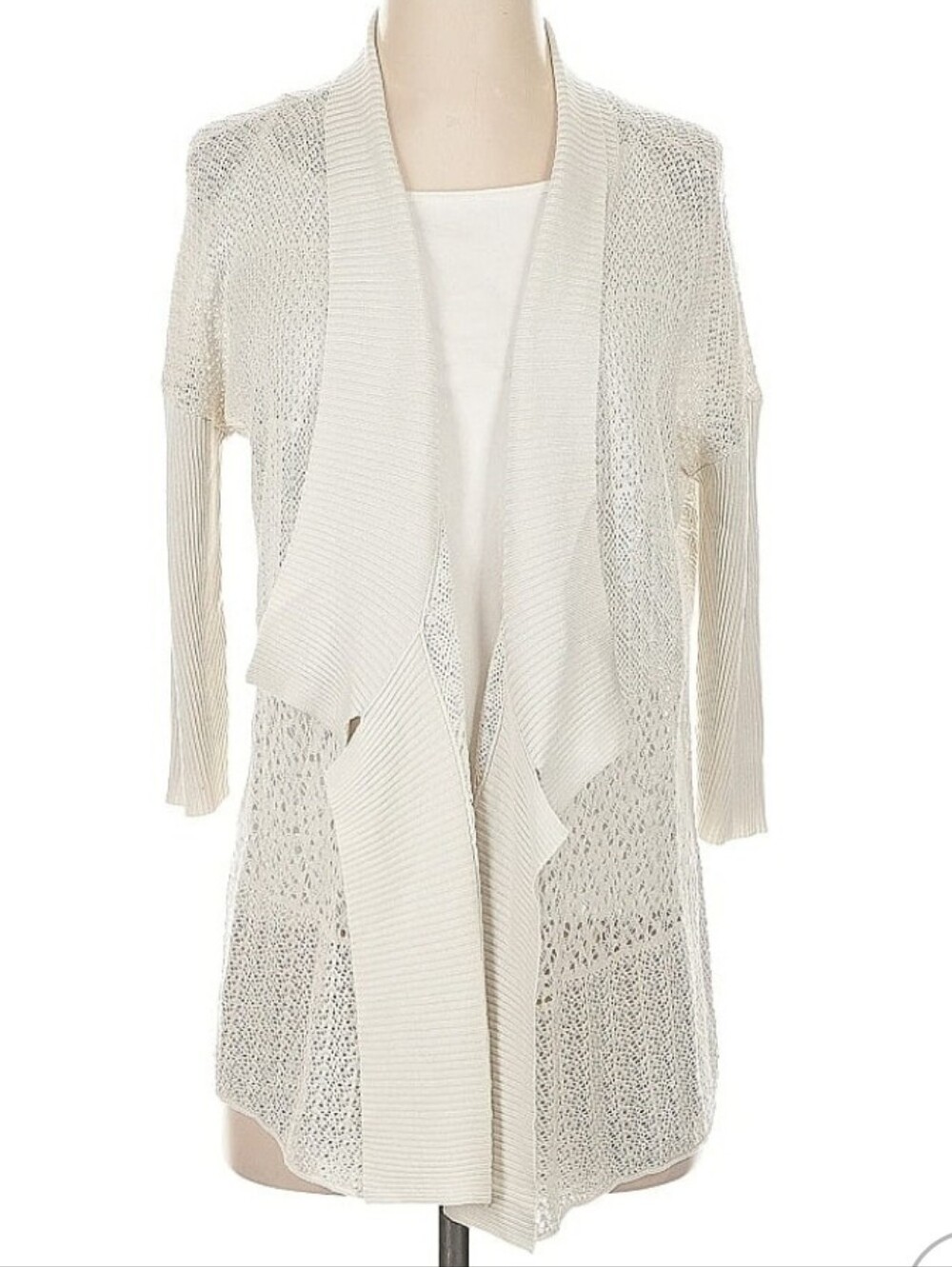 Eileen Fisher Open Front Waterfall Pointelle Cardigan Silk Blend XS Eggshell